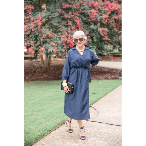 NWT J. MCLAUGHLIN Elayne in Deep Navy Cotton Silk Blend Faux Wrap Midi Dress M - Picture 2 of 9